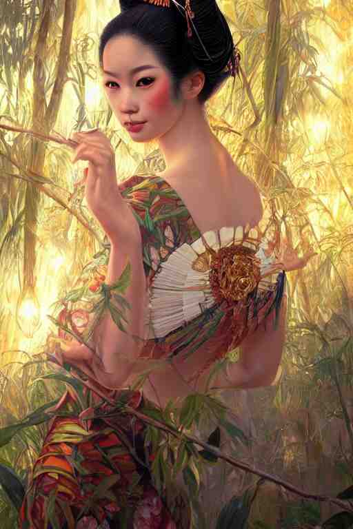 stunningly beautiful, peruvian geisha prima ballerina in jungle, symmetrical face, golden hour, smooth, focus, highly detailed, hyper realistic, dramatic lighting, elegant, intricate, concept art, art by wlop, mars ravelo, greg rutowski, artstation 