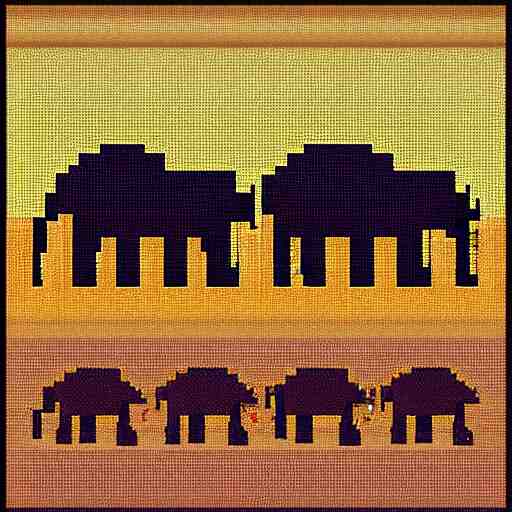 pixel art of elephants walking in the sahara desert 