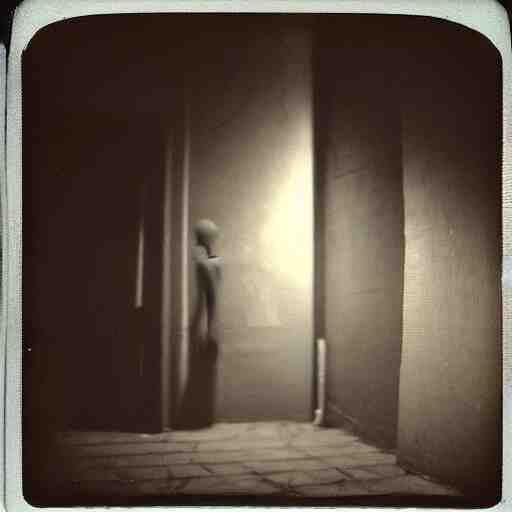 a mannequin at the top of a dark stairwell, abandoned, creepy, eerie, scary, old polaroid, expired film, out or focus, 