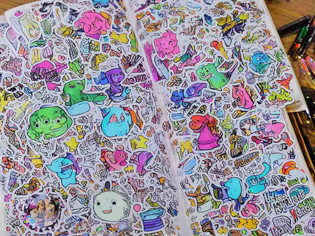 a school notebook covered in doodles, stickers, glitter, and holographic stickers