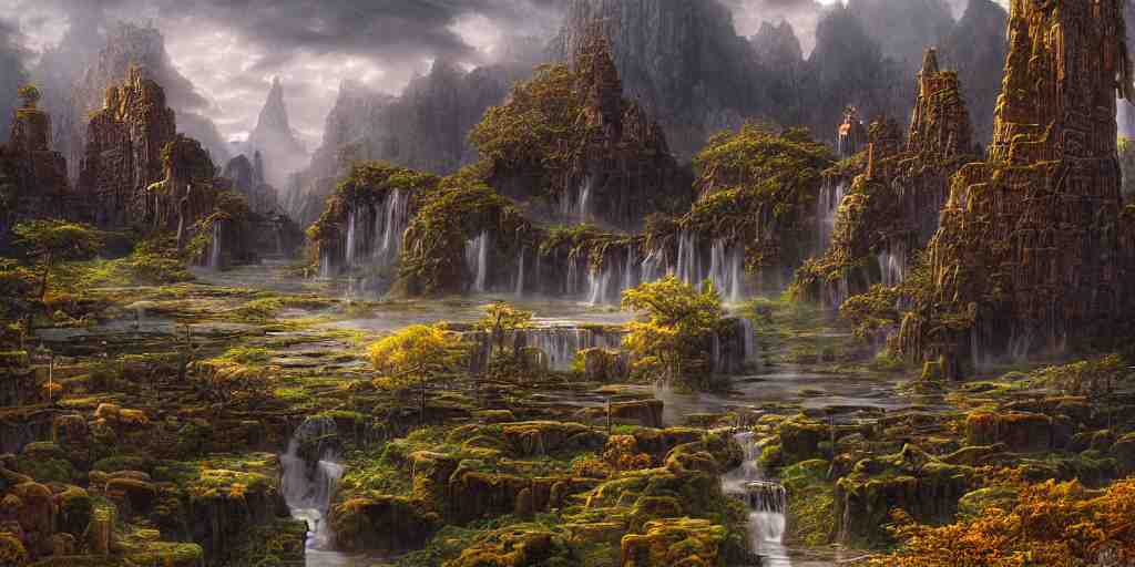 Fantastical open landscape by Ted Nasmith, elven city, pools of magical water, digital painting, concept art, landscape