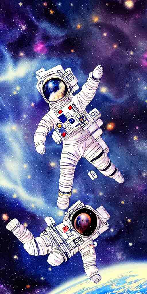 oriental water color of a female astronaut, floating through the void of space, stars are spread out, anime movie, highly detailed 