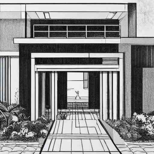 an architectural drawing of a modern house with a courtyard, detailed, lush, 