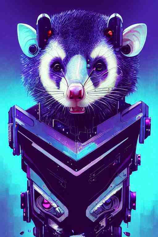 a beautiful portrait of a cute cyberpunk opossum aaaaaaaaaa by sandra chevrier and greg rutkowski and wlop, purple blue color scheme, high key lighting, volumetric light, digital art, highly detailed, fine detail, intricate, ornate, complex, octane render, unreal engine, photorealistic 