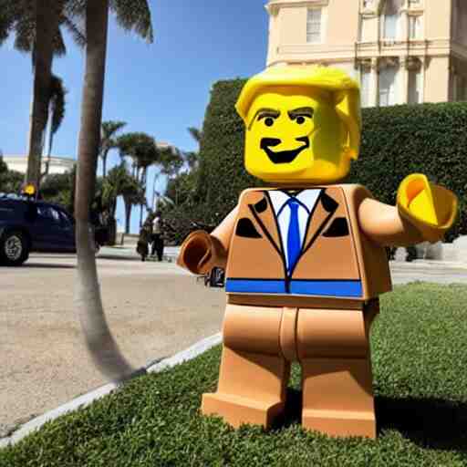 lego donald trump with cardboard box outside mar - a - lago, wide shot, lego, 