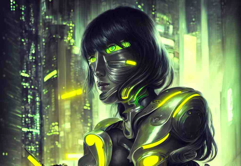 futuristic armor dark grey hair ploice girl, metallic black and yellow color wardrobe, in cyberpunk lights shibuya japan reflected night, ssci - fi, neon light and fantasy, intricate and beautiful, highly detailed, concept art, smooth and sharp focus, illustration, art by tian zi and wlop and alphonse mucha 