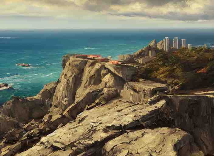 villane brutalist base of James Bond, coastal perched on a cliff overlooking a magnificient bay, concept art oil painting by Jama Jurabaev, extremely detailed, brush hard, artstation