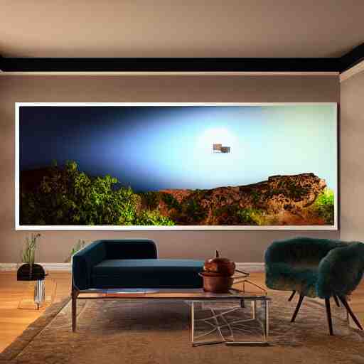 realistic extremely detailed photo real portrait painting of a mid-century modern house on cliff, in moon light, elegant, moody vibrant colors, herman miller, octane render, 4k