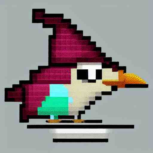 a bird with a hat in pixelart, white background 