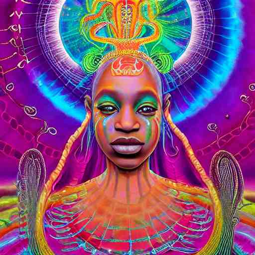 an extremely regal african queen with colorful dreadlocks and a glowing opal!!! in the center of her forehead, meditating in a magic mushroom zen garden, rainbow nebula clouds, by alex grey and afarin sajedi and amanda sage and android jones and agostino arrivabene and wayne barlowe in a psychedelic portrait style, surreal, afofuturism, afropunk, black art, ultrarealistic, rendered in cinema 4 d, volumetric lighting lighting, digital illustration, chakra, highly detailed, elegant, extremely ornate, fractal!, extremely symmetrical!!, highly detailed face, wide angle dynamic portrait, 8 k, hd. 