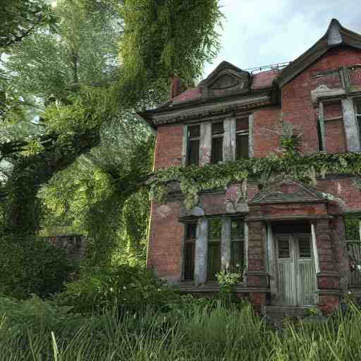 outside a derelict victorian house, garden in front of house is overgrown and walls are crumbling down, moss and ivy cover the walls ray traced unreal 5, ultra details 