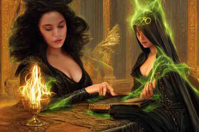 a beautiful sorceress wearing a black robe with gold embroidery, sitting at table, casting a spell, green glows, painted by artgerm and john williams waterhouse, in the style of magic the gathering, highly detailed digital art 