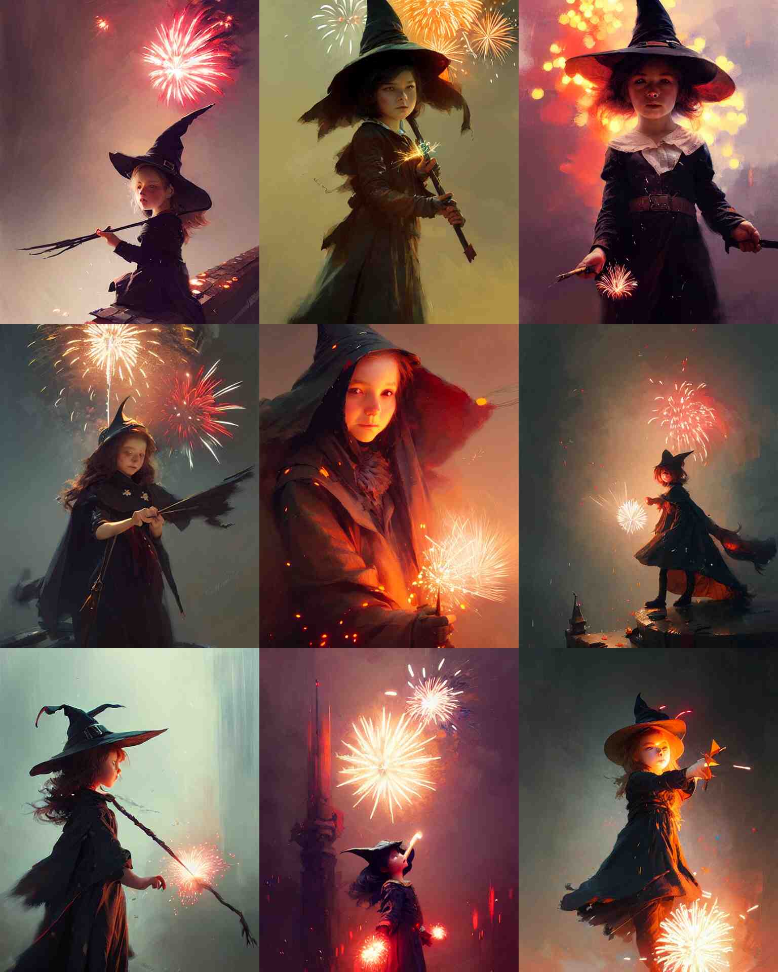 cute young witch, fireworks, intricate, sharp focus, illustration, highly detailed, digital painting, concept art, matte, art by ruan jia and wlop and greg rutkowski, masterpiece 