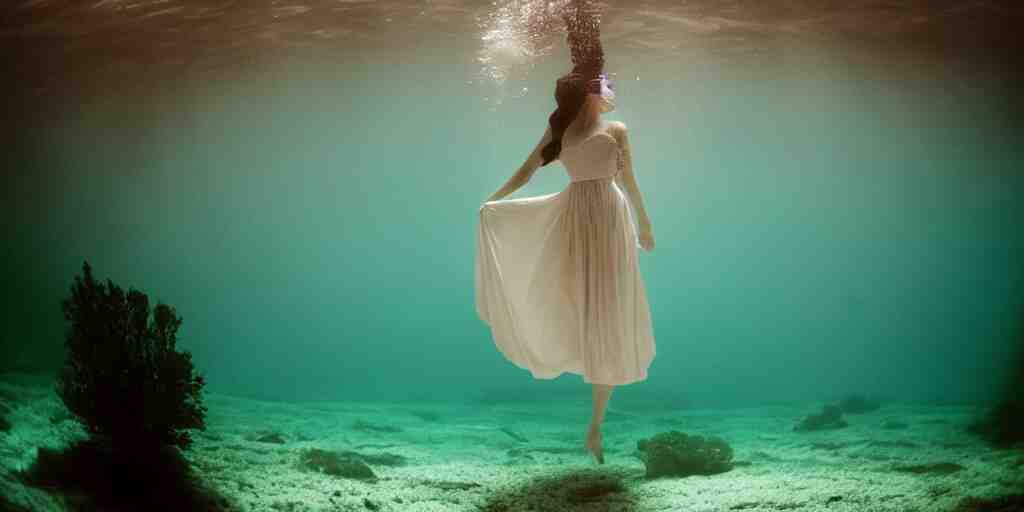 deep underwater photography of beautiful model in flat dress concert hall by emmanuel lubezki 