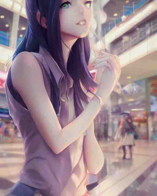 a girl at the mall, very sexy outfit, medium shot, visible face, detailed face, perfectly shaded, atmospheric lighting, by makoto shinkai, stanley artgerm lau, wlop, rossdraws 