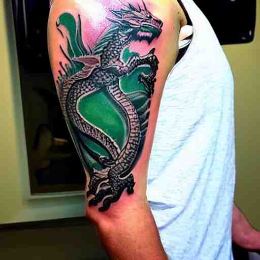 Arm tatoo of a dragon starting from the elbow, wrapping around the wrist in a downward spiral, emerald placed inside of the dragons mouth