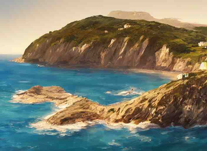 villane brutalist base of James Bond, coastal perched on a cliff overlooking a magnificient bay, concept art oil painting by Jama Jurabaev, extremely detailed, brush hard, artstation