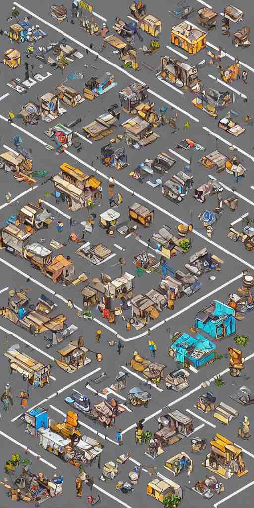 junkyard slum houses and shops. pixel art asset sheet. isometric perspective. concept art. science fiction. 