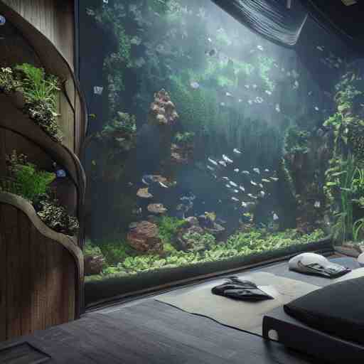 a spacious room with freshwater aquariums as walls, hyper realistic, ambient lighting, concept art, intricate, hyper detailed, smooth, dynamic volumetric lighting, octane, raytrace, cinematic, high quality, high resolution, 4 k, cgsociety, rutkowski, gurney 