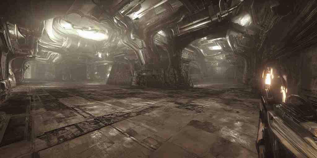 Gameplay footage of a first person game designed by H.R Giger and Kojjima, amazing graphics, raytracing, detailed