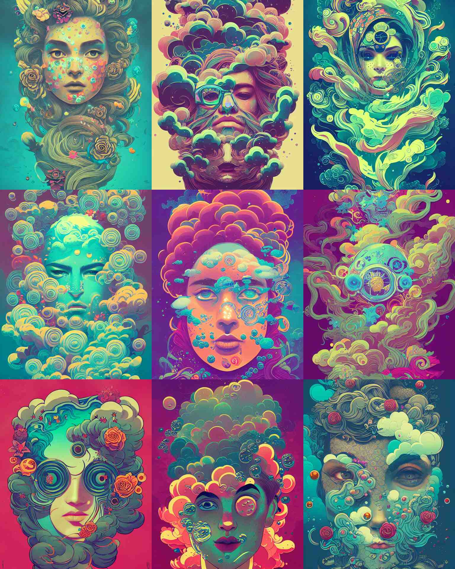 flowery face tattoos, by petros afshar, ross tran, peter mohrbacher, tom whalen, underwater bubbly psychedelic clouds 