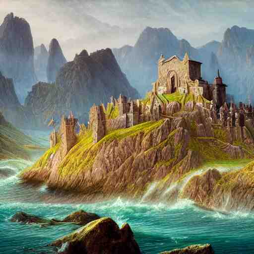 a beautiful and highly detailed matte painting of a colorful yet humble viking temple and fort built of large stones in the distance high in the most epic mountains ever, intricate details, epic scale, insanely complex, 8 k, sharp focus, hyperrealism, very realistic, by caspar friedrich, greg rutowski, james gurney, hudson river school 