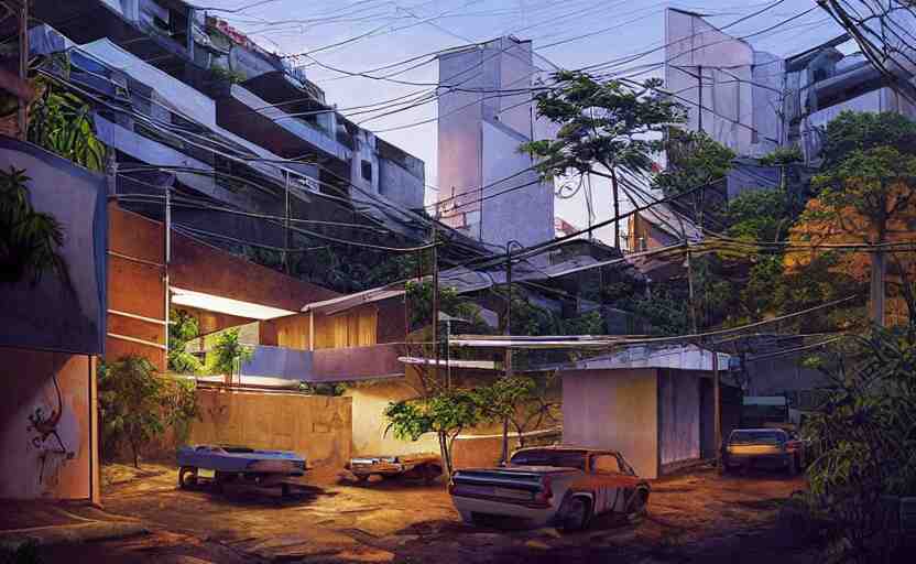 a contemporary modernist favela environment, many wild animals, simplicity, minimalist, elegant, glass panes, billboards, glowing lights, soft ambient lighting, photorealism, unreal engine, art by michael whelan and chris moore and howard david johnson and tim white and dan giancola 