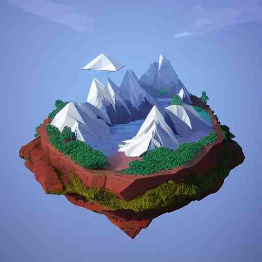 a beautiful floating island with everest landscape isometric art, low poly art, game art, artstation, 3D render, high detail, cgsociety, octane render, sharp focus