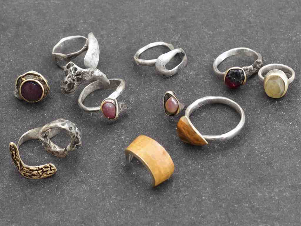 innovative rustic hand made rings hand crafted from silver and brass and natural gemstones