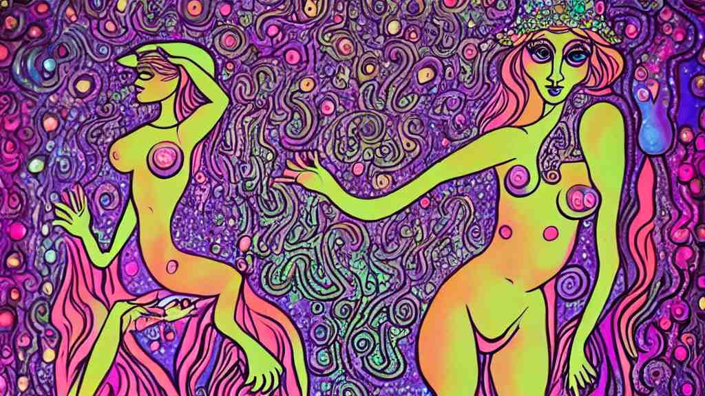 mushroom goddess, dripping crystals, full body dynamic pose, attractive form, psychedelic dmt deity, picasso, pin up girl, visionary art, fully colored and rendered 