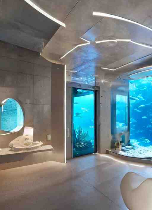 a futuristic sci - fi underwater home with mirrored walls, dreamatic lighting 