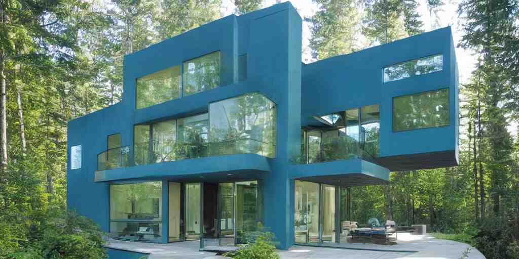 large futuristic residence, cascadian, blue concrete, large green glass windows, cuboid elements, blue metal 