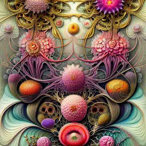 an ultra hd detailed painting of many different types of flowers by Android Jones, Earnst Haeckel, James Jean. behance contest winner, generative art, Baroque, intricate patterns, fractalism, rococo