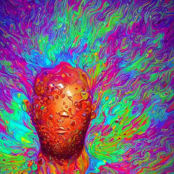 illustration of a colorful melting human head. flowers and blossoms, ferrofluids, burning water distortions. intricate abstract. intricate artwork. dan mumford. octane render, trending on artstation 