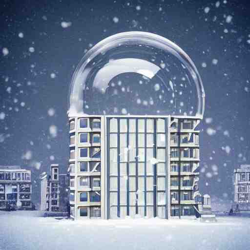 a snow globe with a soviet apartment building in it, rending on cgsociety, retrofuturism, tesseract, isometric, physically based rendering, 1 9 9 0's 