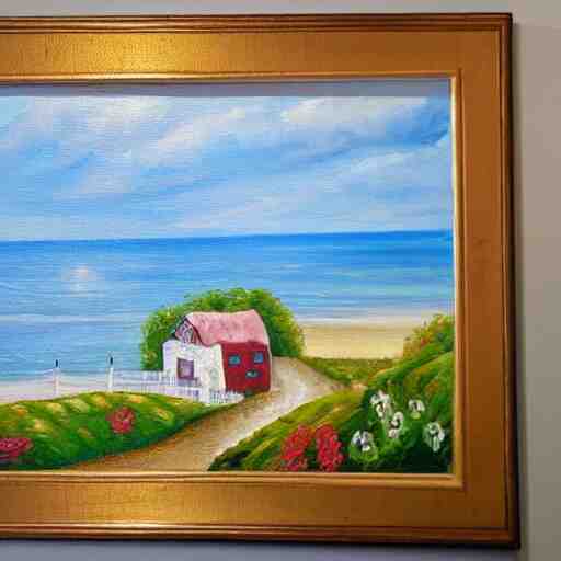 A painting of a cozy cottage with a view of the beach