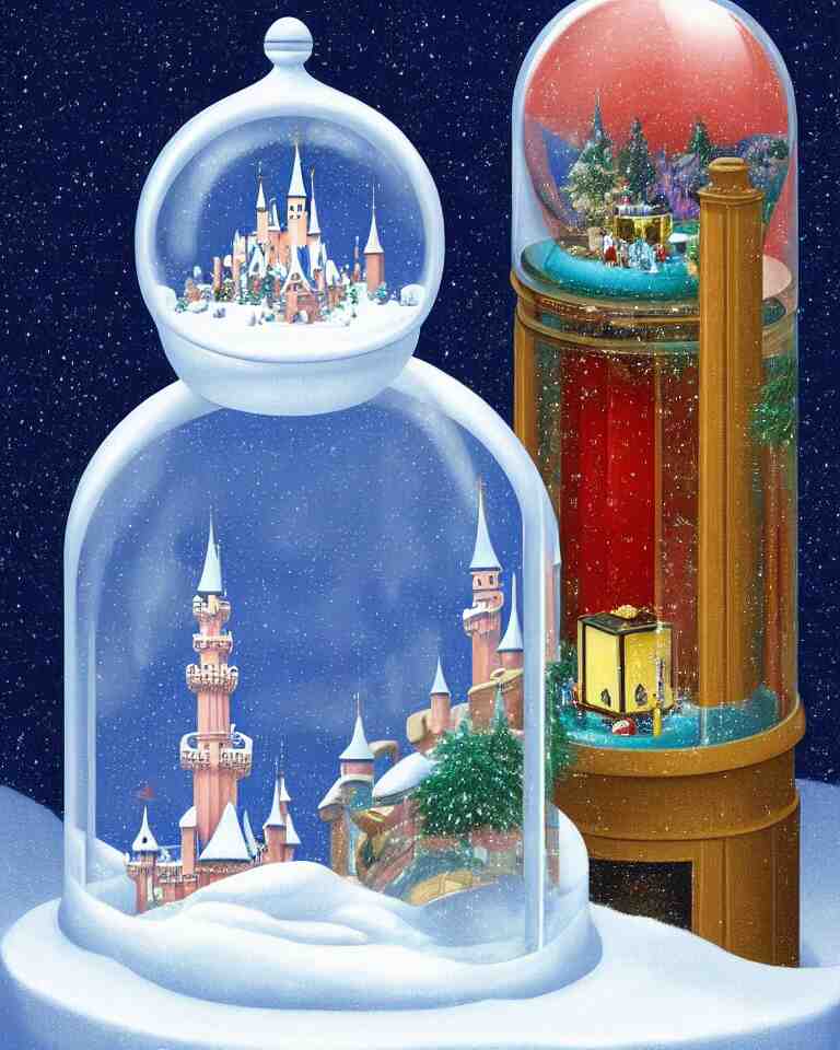 an achingly beautiful print of one cylindrical snow globe with disneyland inside by raphael, hopper, and rene magritte. detailed, proportional, romantic, vibrant, enchanting, trending on artstation 