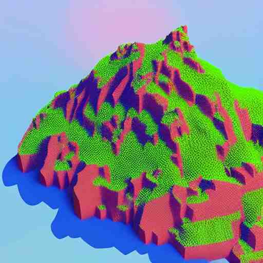 “ aerial view of a mountain, fog on the ground, voxel, vibrant colors ” 