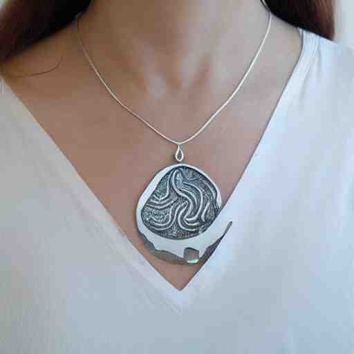 amulet of wave inlaid in silver on a young beautiful woman neck, hyper realistic, 