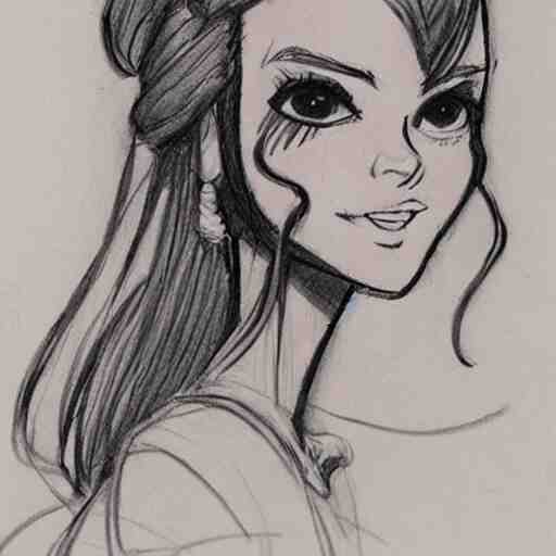milt kahl sketch of victoria justice with done up hair, tendrils and ponytail as princess padme from star wars episode 3