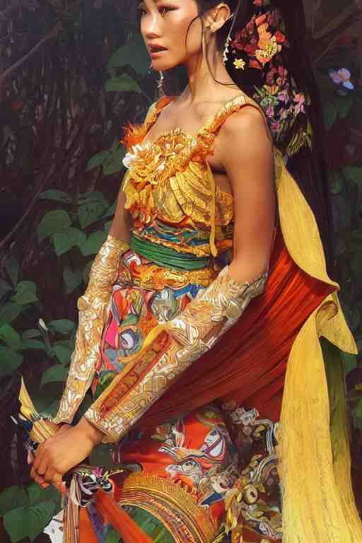 portrait of a beautiful indonesian supermodels wearing traditional costume, highly detailed, digital painting, artstation, concept art, sharp focus, illustration, art by kittichai rueangchaichan and james gurney and alphonse mucha 