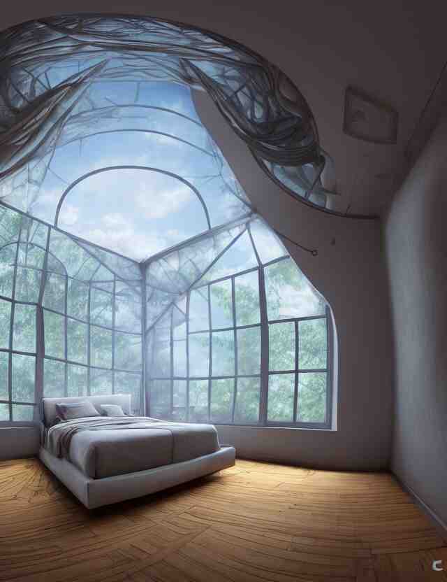 an ultra wide angle photo of a bed hovering above the floor in the middle of a giant tesselating bedroom with windows opening to other worlds by casey weldon!!!! and lee madgewick and m. c. escher, photorealistic, octane render, recursive!!!!, flowing, cascading, multiverse!!!!!!, labyrinthine 