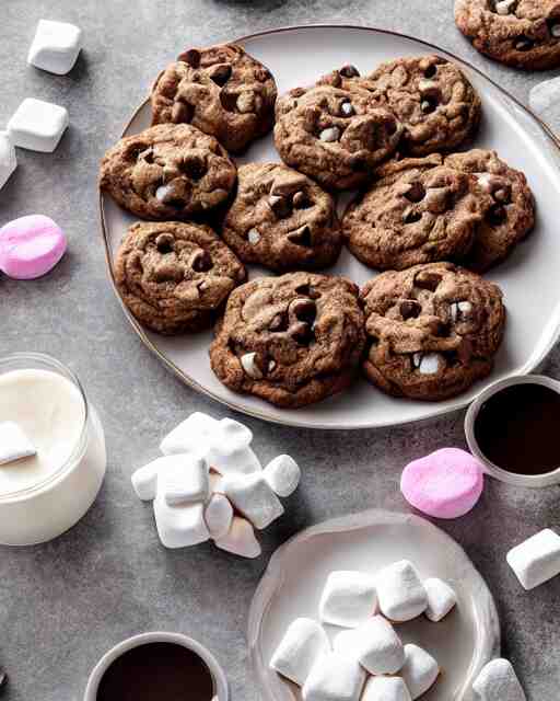 plate full of several freshly baked chocolate chip cookies, delicious, glistening, chocolate sauce, marshmallows, highly detailed, award winning photography octane render 