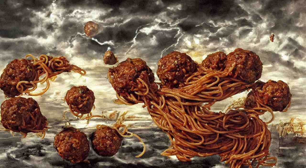 spaghetti bolognesa with meatballs and hundred rusted perfect woman bodies flying in stormy clouds by dali, hyper - realism 