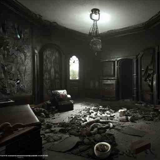 room of a dark mansion, objects from ritual in the ground, realistic, highly detailed, hd, unreal engine, background of resident evil game 