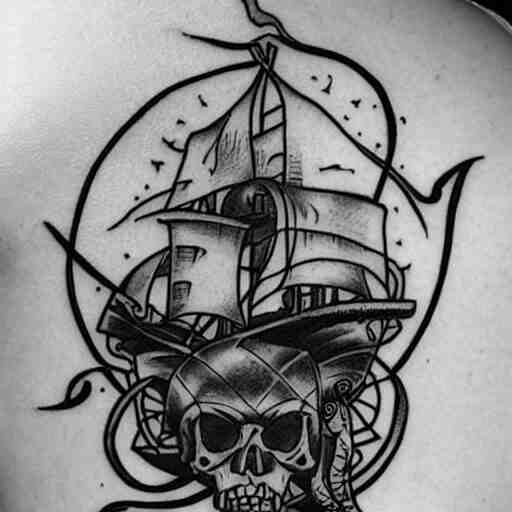 A magical pirate ship tattoo design on white background, hyper realistic shaded tattoo, award winning tattoo