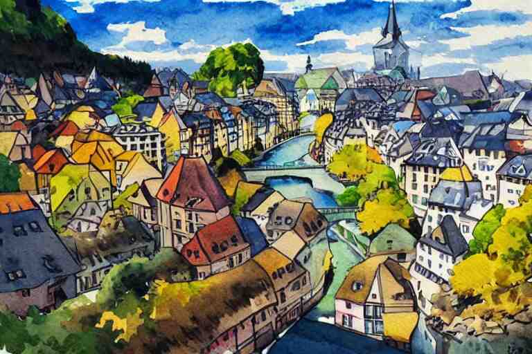 !! watercolor!! luxemburg in a sunny day, artwork by tooth wu, colorful contrast,!!!! very coherent!!!!, dark shadow, thick lineart 