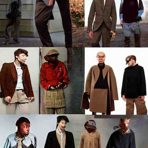 outlive smart casual collection lookbook grid, in the style of grand chamaco and stanley kubrick, inspired by rpg fantasy characters, photorealistic, epic, super technical, cinematic still 