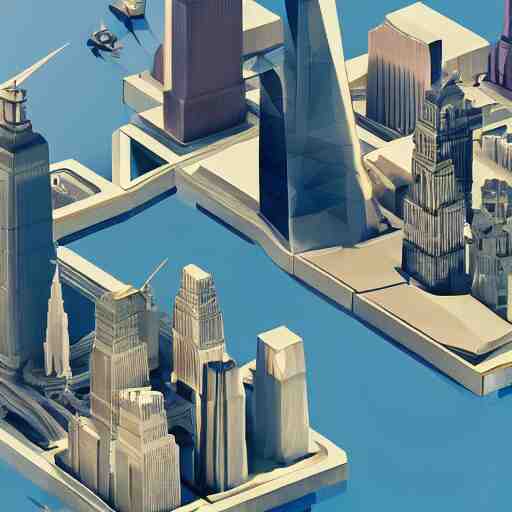 floating island with new york city in the sky, low poly, isometric art, 3d art, high detail, artstation, concept art, behance, ray tracing, smooth, sharp focus, ethereal lighting