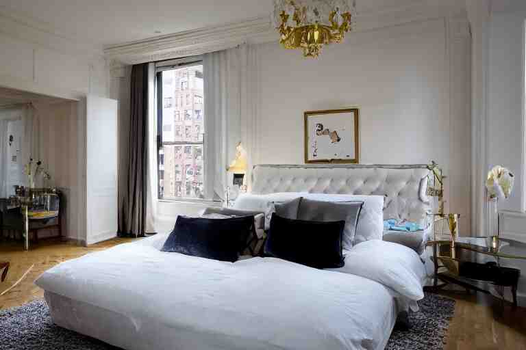 A sunny bedroom, exquisite decoration, all New York Apartments style furniture, polar bear, high tech